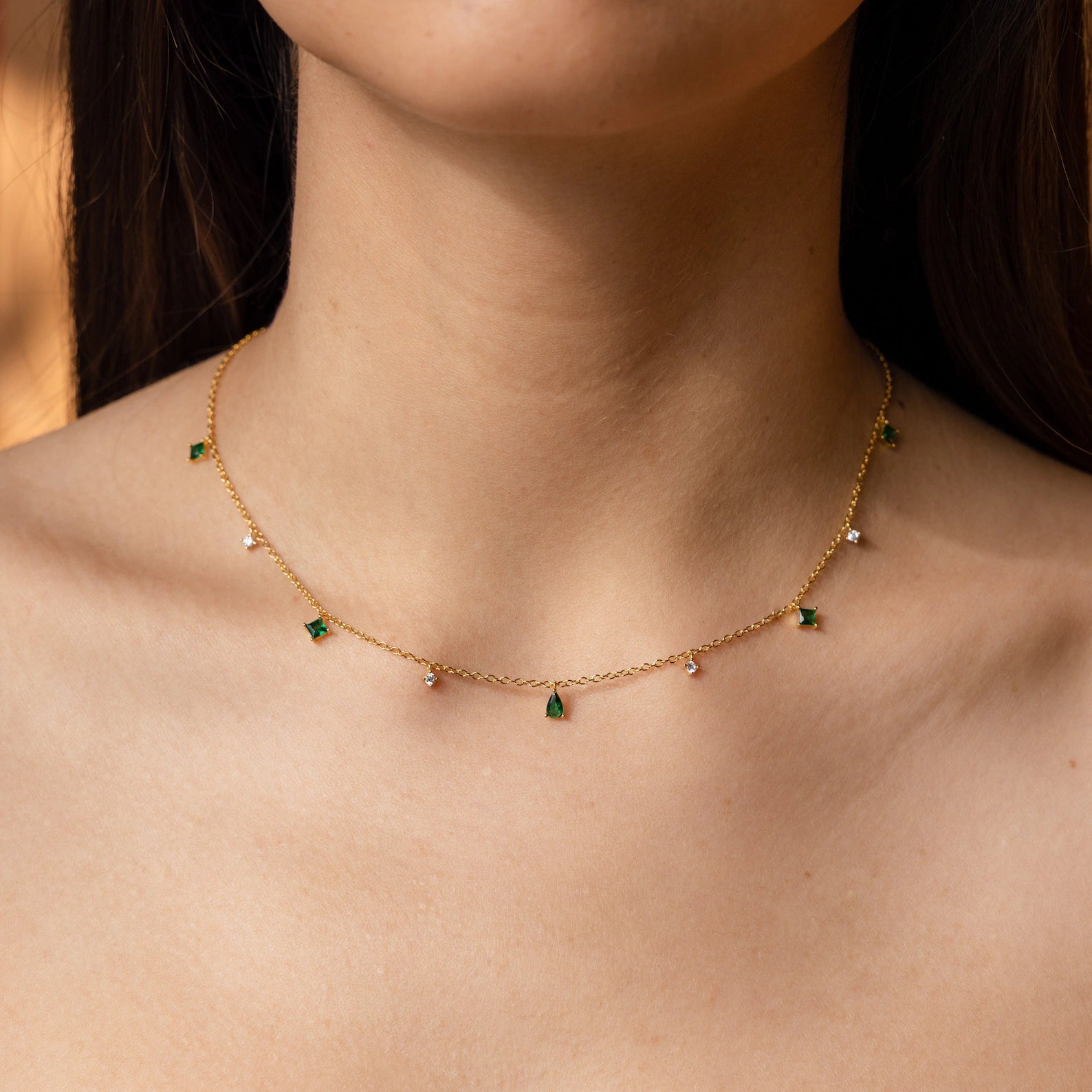 Minimalist Emerald & CZ Drop Necklace in Sterling Silver 925
